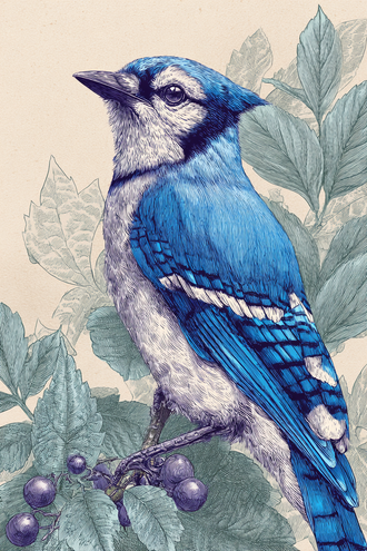 Blue Jay Heritage Wall Poster | Retro Bird Illustration Poster
