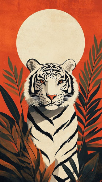Tiger and Sun Aesthetic Home Art Wall Poster – Botanical Jungle Tiger Print