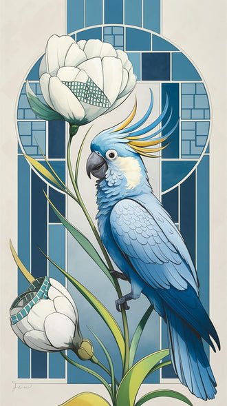 Blue Parrot Floral Wall Print Poster – Aesthetic Bird and Flower Print