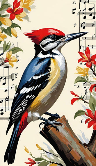 Woodpecker Floral Music Home Art Print – Aesthetic Bird Illustration Print