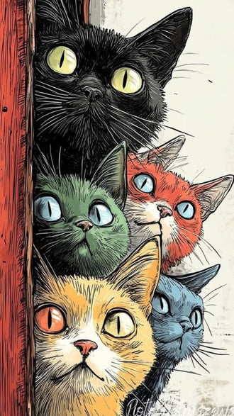 Colorful Cats Illustration Wall Print Wall Poster, Aesthetic Cat Lover Print for Home Decor