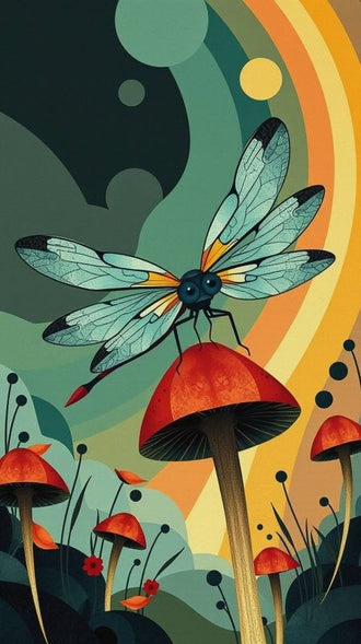 Dragonfly on Mushroom Aesthetic Print, Nature Insect Wall Poster