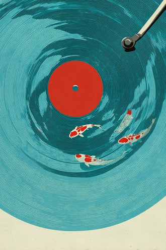 Koi Fish Vinyl Record Home Art – Japanese Style Canvas Print, Wabi Sabi Koi Painting, Cool Oversize Wall Art
