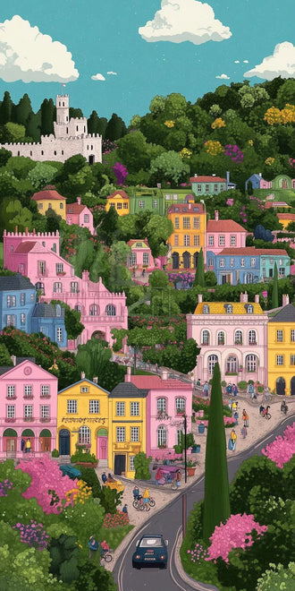 Colorful Hillside Village Illustration Aesthetic Home Art Print