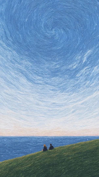Swirling Sky Ocean Couple Wall Poster – Surreal Night Sky Decor Canvas Print
