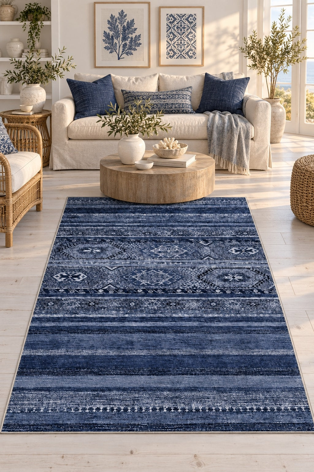 Abstract Ethnic Area Rug – Navy in a living room