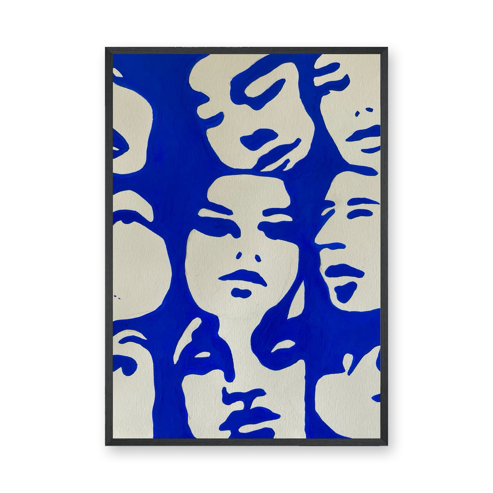 Abstract Faces Modern Line-Art Wall Art – Blue and Cream Portrait Print