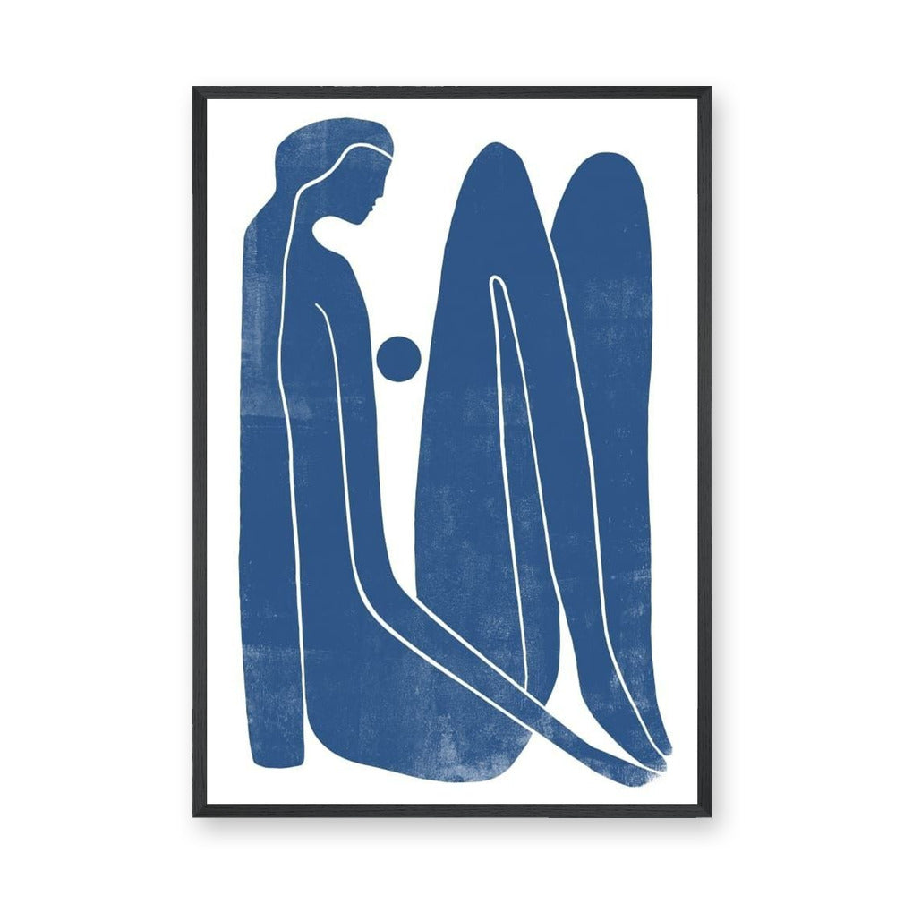 Abstract Figure Minimalist Line Art Wall Art – Blue Seated Portrait