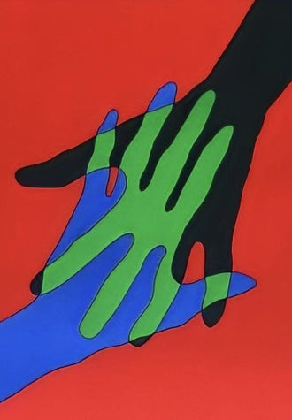 Abstract Hands Pop Art Wall Art – Colorful Overlapping Hands on Red