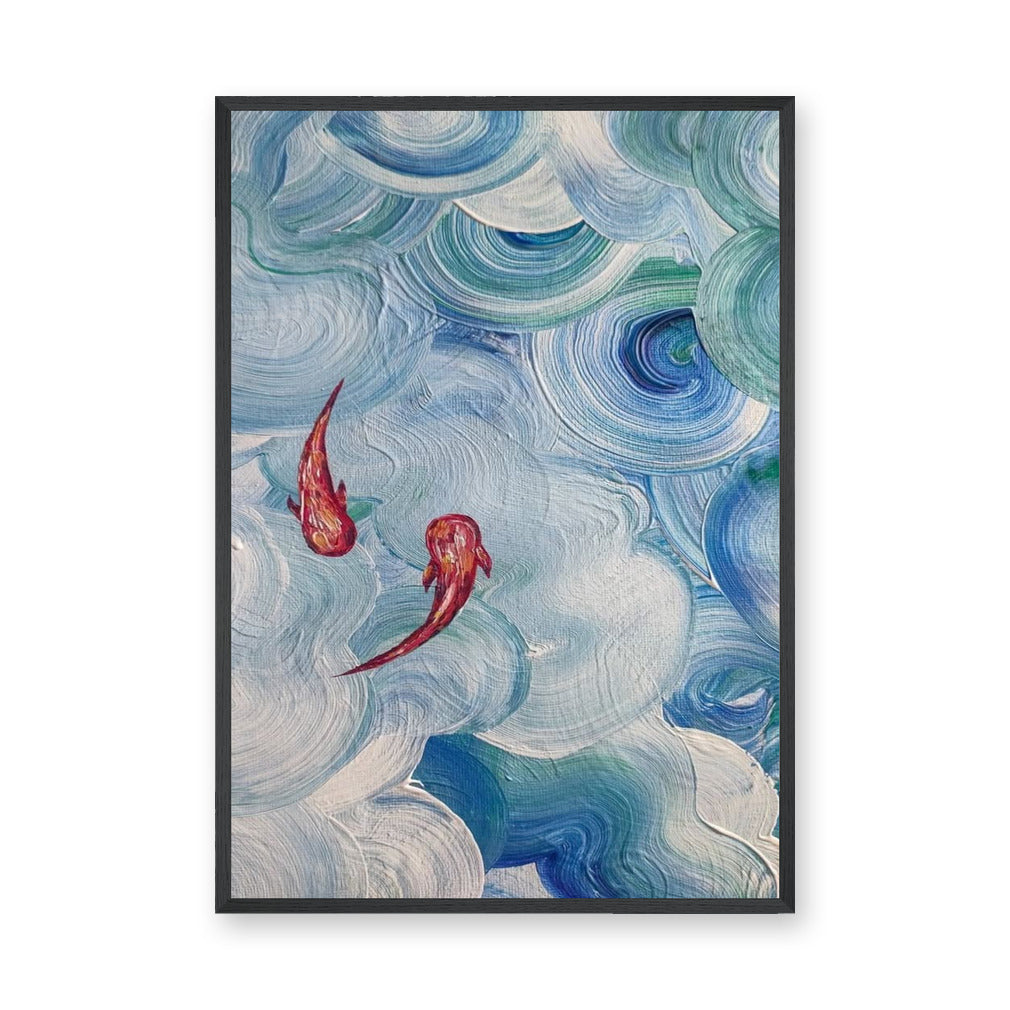 Abstract Koi Fish Modern Wall Art – Blue Teal Swirling Water Print