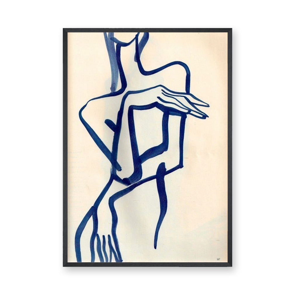 Abstract Portrait Line Art Wall Art – Dark Blue Figure on Cream