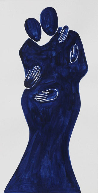 Abstract Portrait Modern Wall Art – Navy Blue Embracing Figures