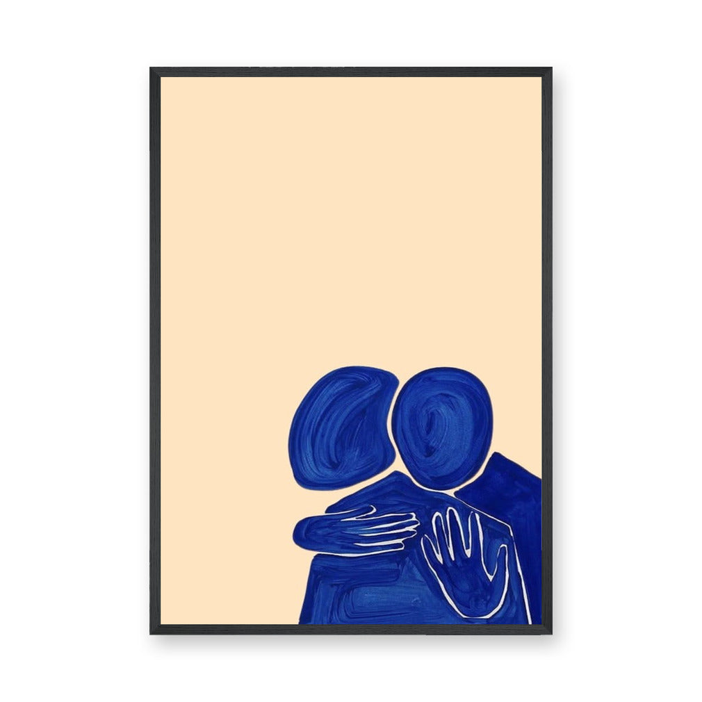 Abstract Portrait Wall Art – Blue Embrace on a Soft Beige Background
