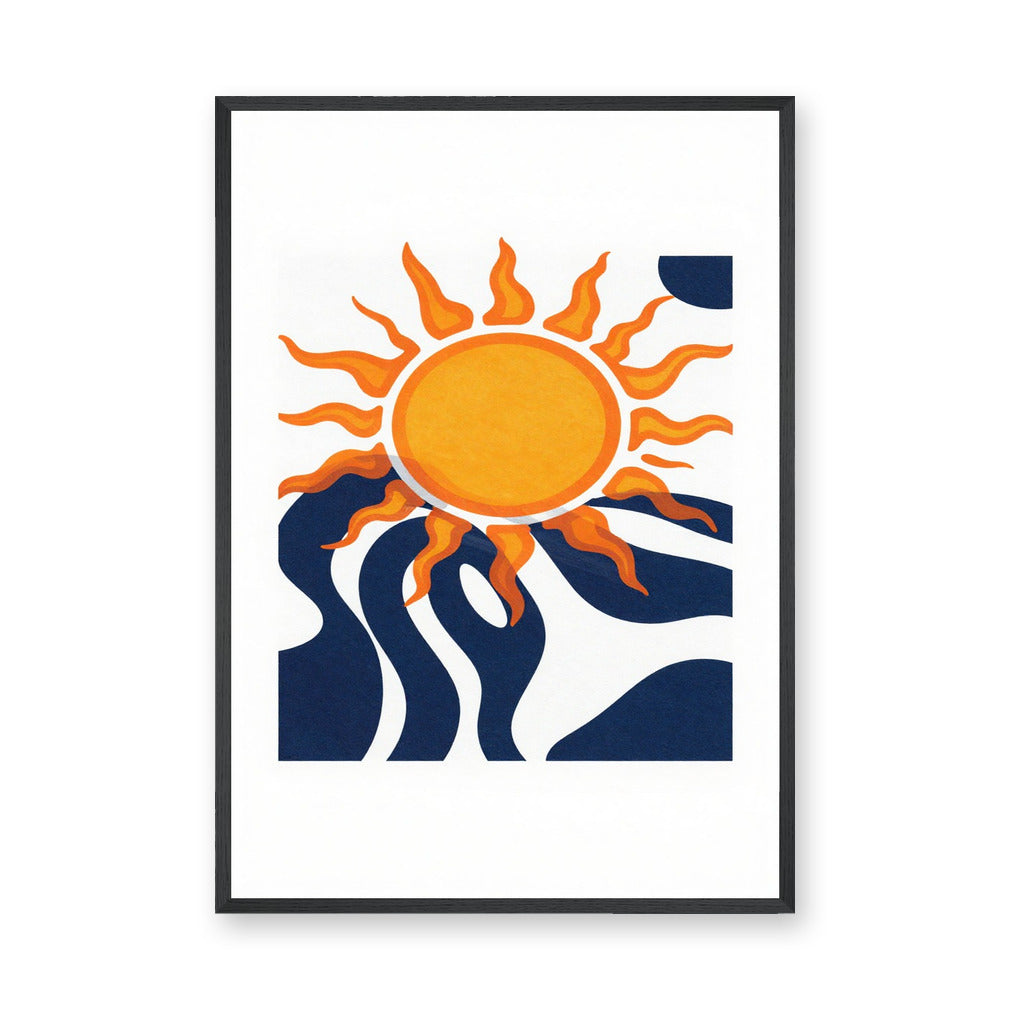 Abstract Sun Modern Minimalist Wall Art – Orange Sun with Navy Waves
