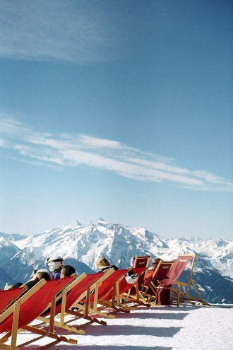 Alpine Photography Modern Wall Art – Red Chairs in Snowy Mountains
