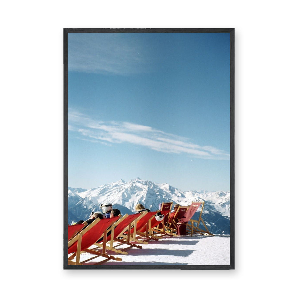 Alpine Photography Modern Wall Art – Red Chairs in Snowy Mountains
