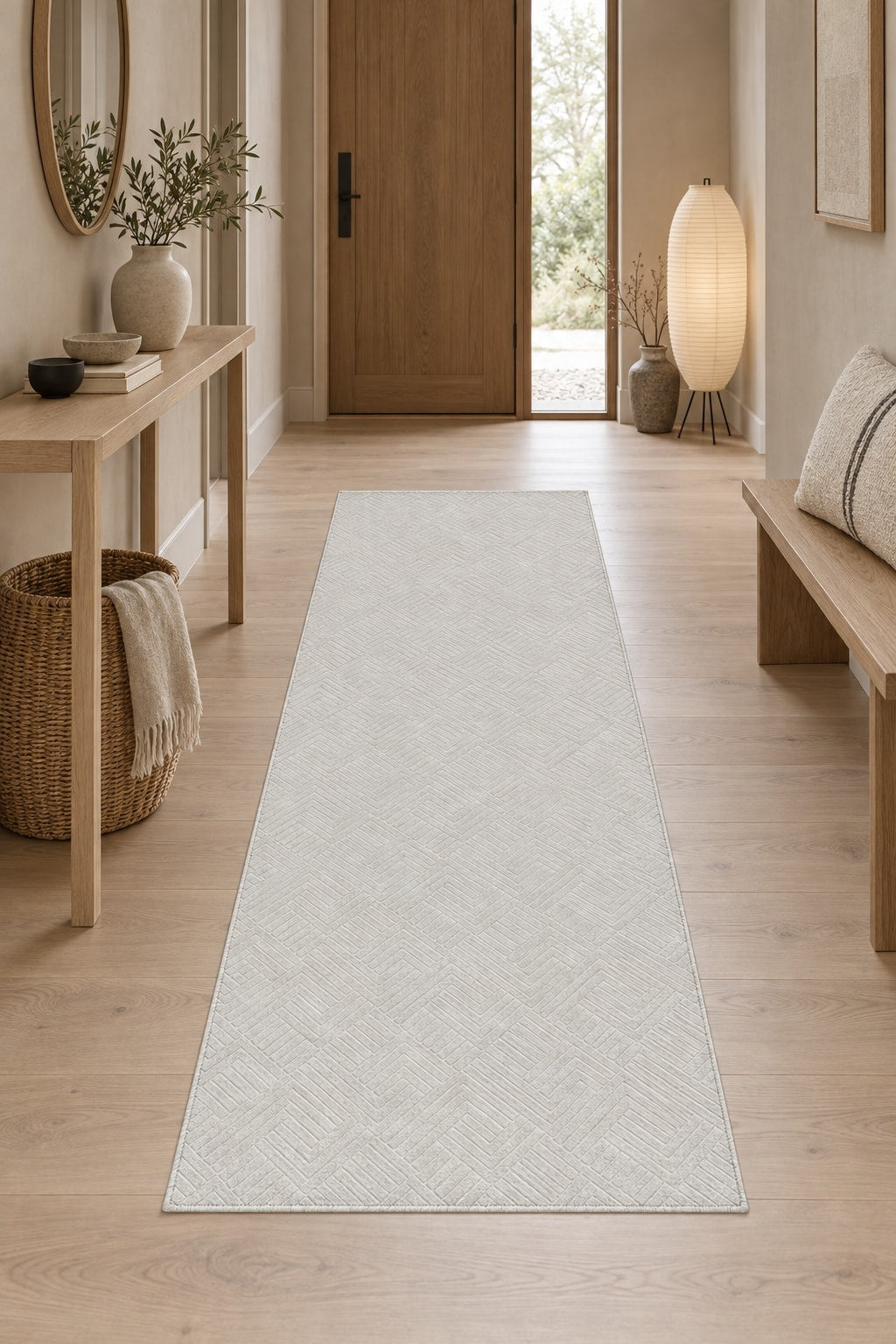 Anatolian Geometric Runner Rug – Light Beige in a hallway
