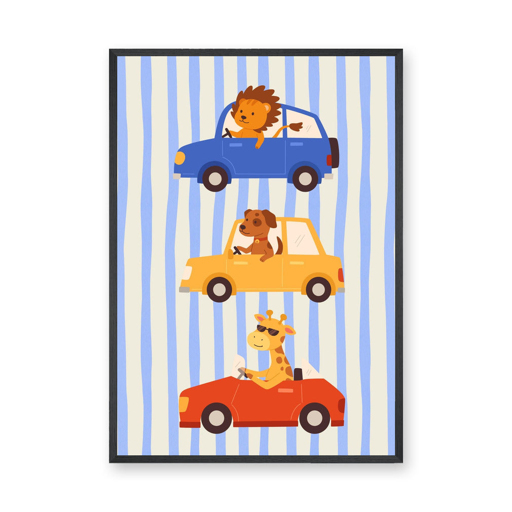 Animal Cars Kids Wall Art – Cute Lion Dog Giraffe Nursery Print