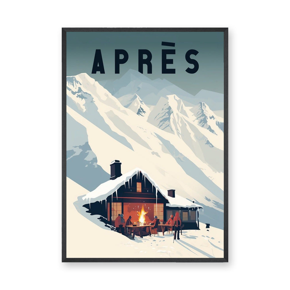 Après Ski Chalet Vintage Wall Art – Snowy Alpine Fire Scene