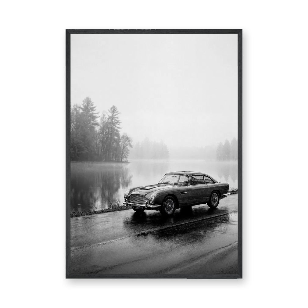Aston Martin DB5 Vintage Wall Art – Misty Lakeside Classic Car Photo