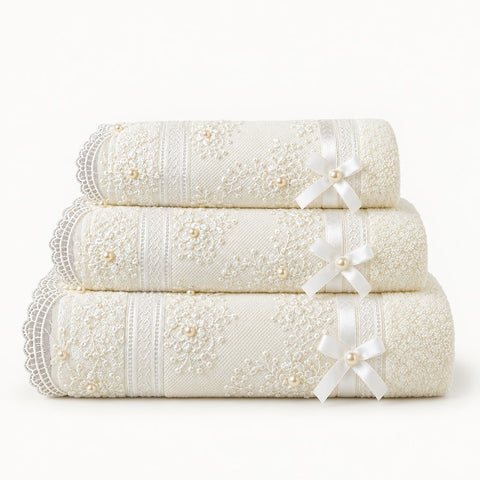 Beaded Lace Cotton Hand Towel Set of 3 – Cream