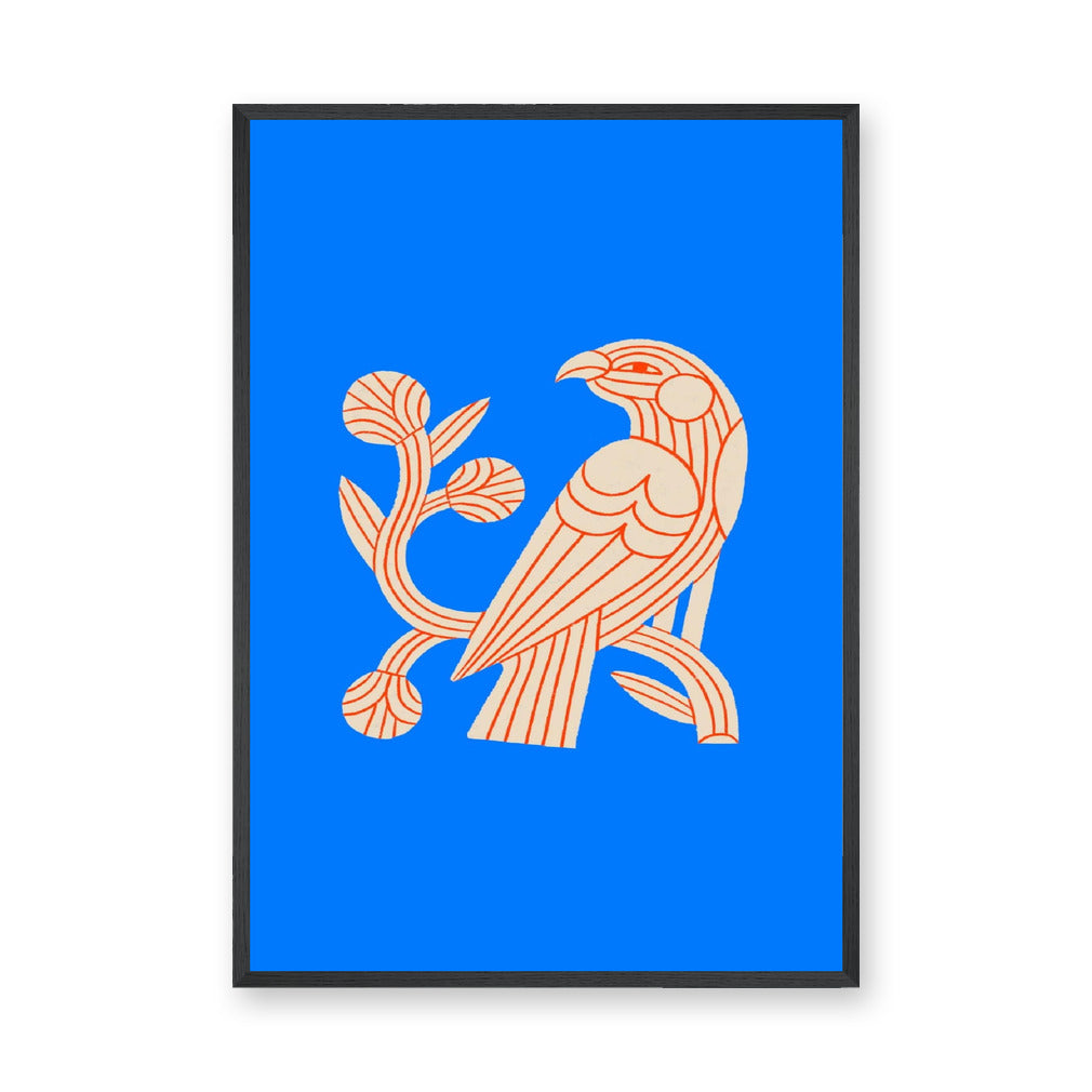 Bird Botanical Line Art Wall Art – Cream and Orange on Bright Blue