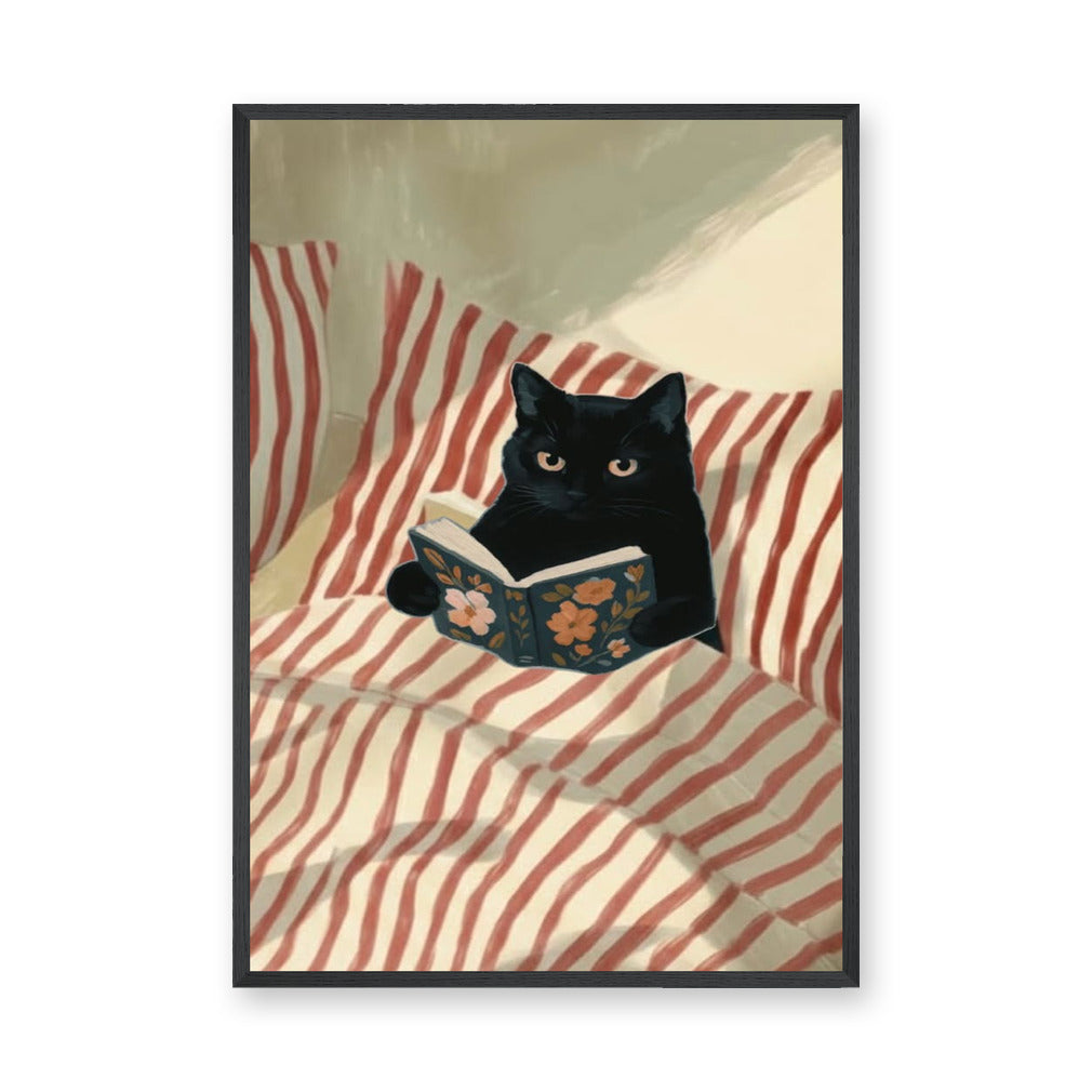Black Cat Boho Wall Art – Reading Book in Red-Striped Bed