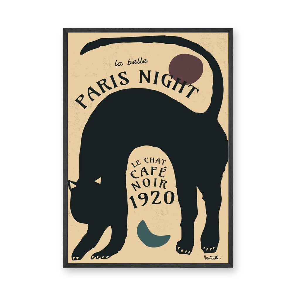 Black Cat Vintage Typography Wall Art – Paris Night Café Noir Print