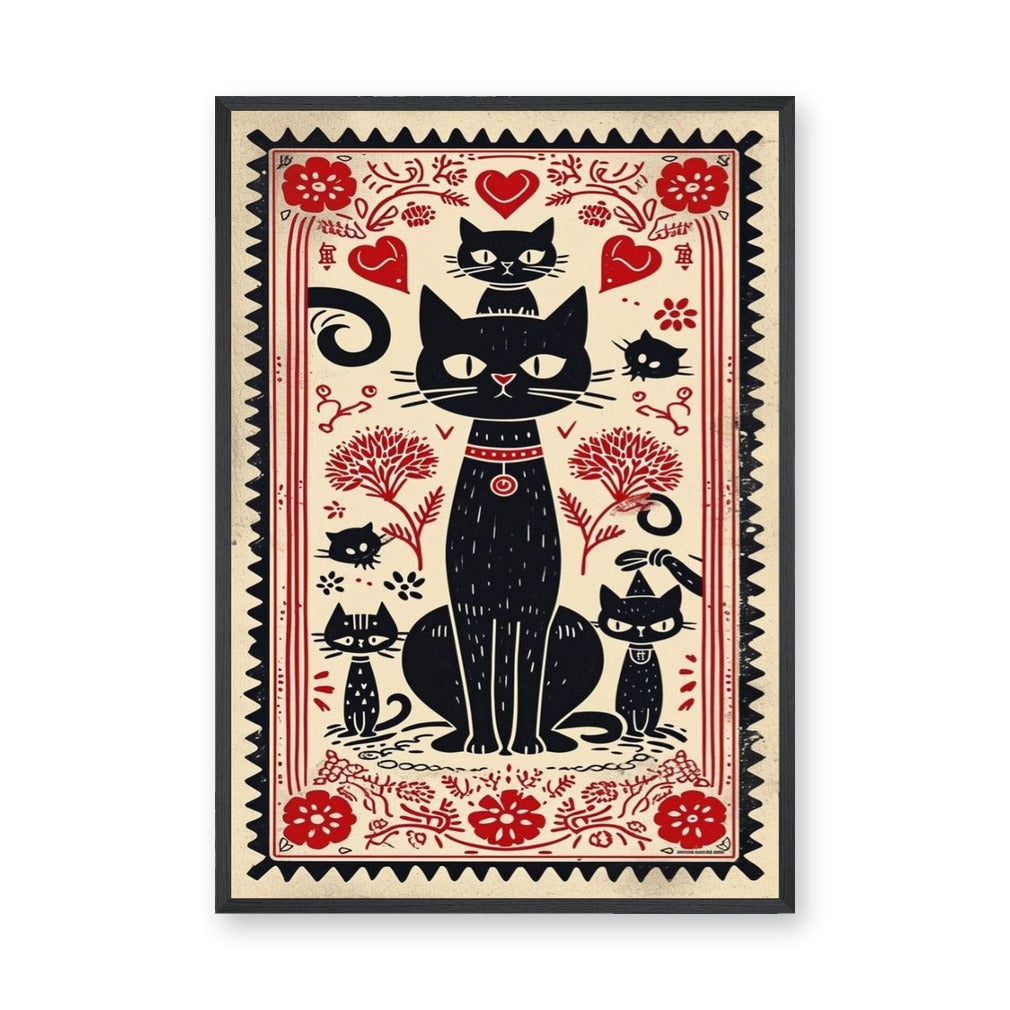 Black Cats Botanical Boho Wall Art – Red Flower Folk Garden Print