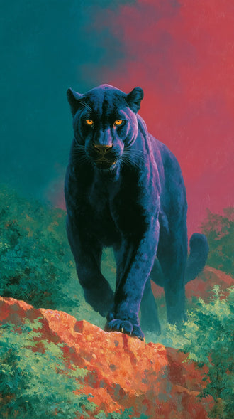 Black Panther Modern Wall Art – Glowing Eyes in Vibrant Jungle