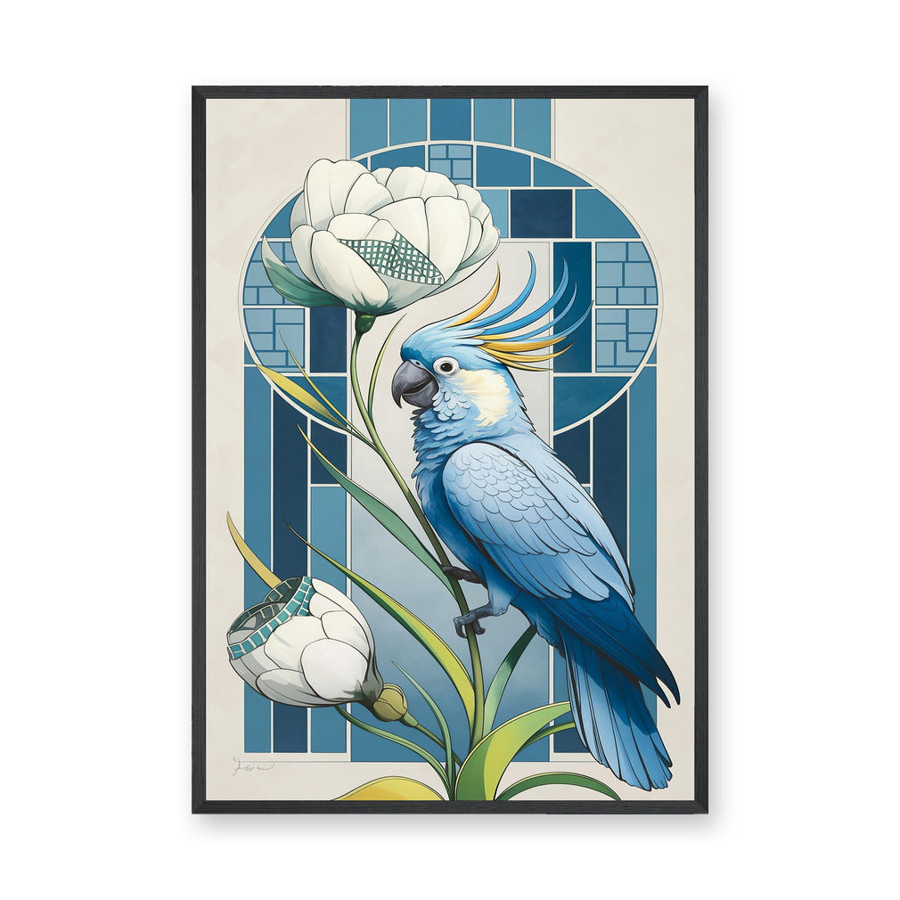 Blue Cockatoo Art Deco Wall Art – Floral Stained-Glass Style Print