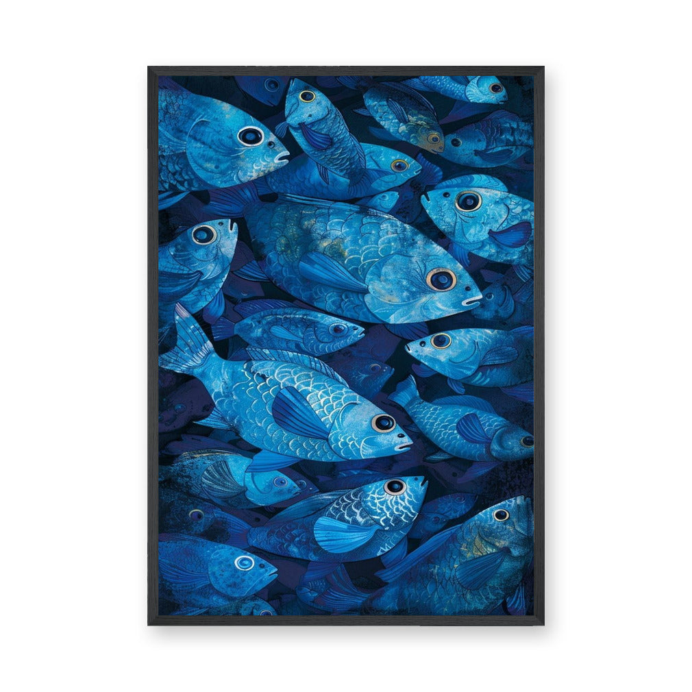 Blue Fish School Coastal Wall Art – Modern Underwater Ocean Print