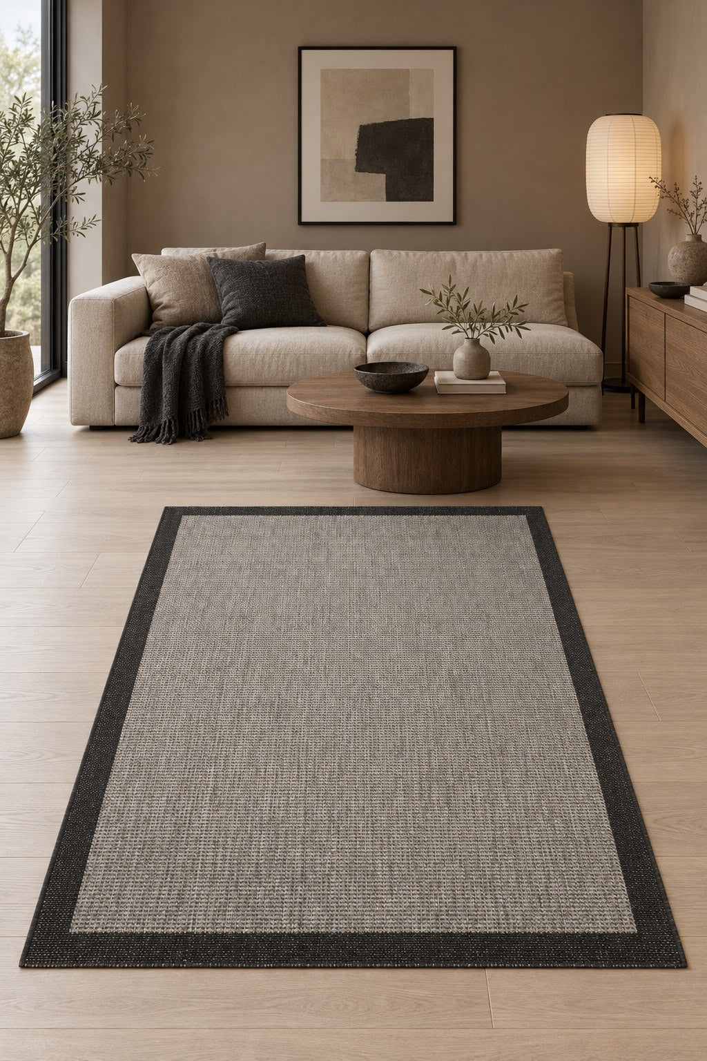 Bordered Modern Kitchen Rug – Black in a living room