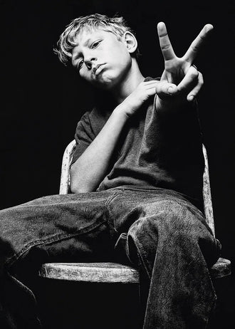 Boy Portrait Photography Modern Minimalist Wall Art – Black and White Peace Sign Photo