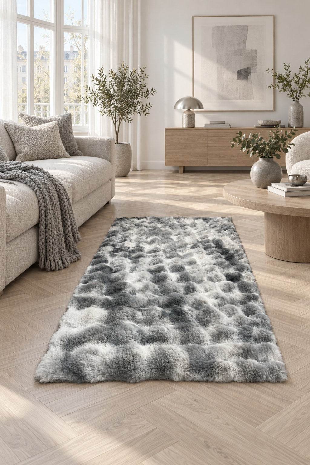Bubble Checkered Boho Area Rug – Gray & Cream in a living room