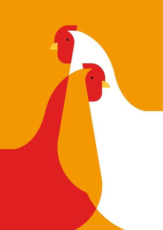 Chicken Minimalist Wall Art – Abstract Red and White Birds on Orange