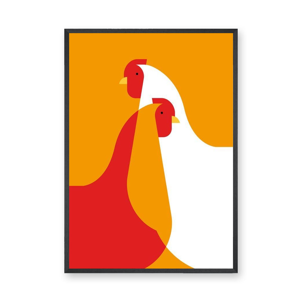 Chicken Minimalist Wall Art – Abstract Red and White Birds on Orange