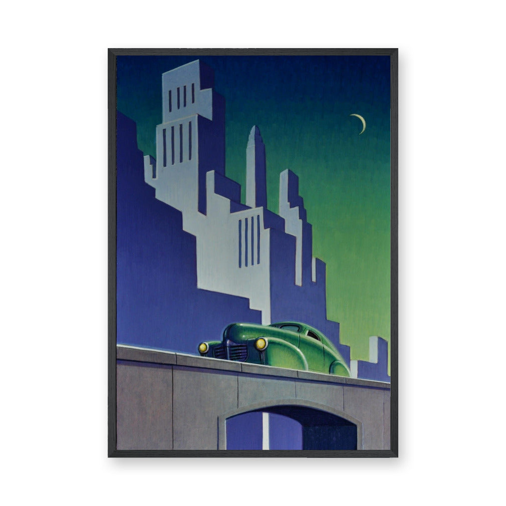 Cityscape Art Deco Wall Art – Night Skyline with Vintage Green Car