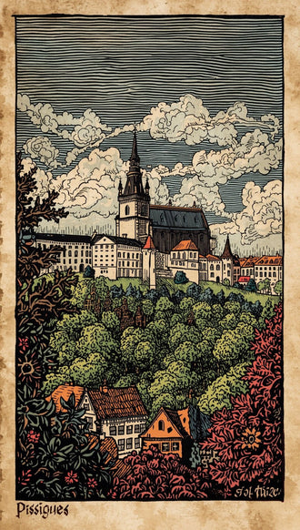 Cityscape Vintage Wall Art – Pissiques hilltop town with trees