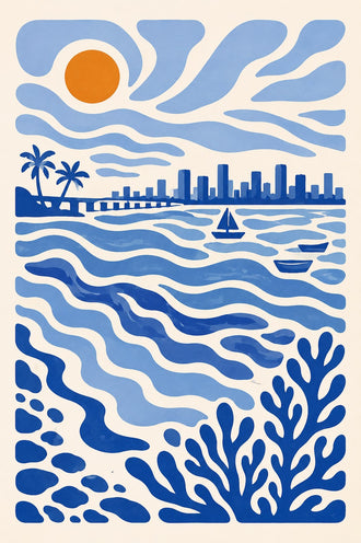 Coastal City Modern Wall Art – Blue Skyline, Waves and Sunset