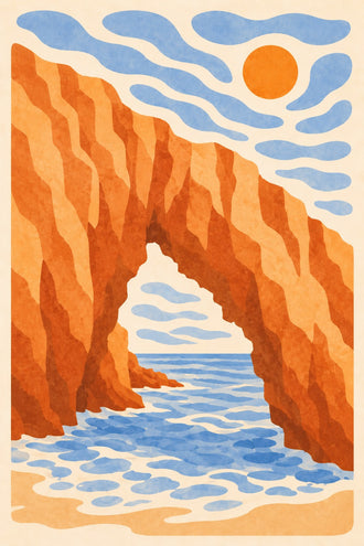 Coastal Cliff Arch Modern Wall Art – Abstract Orange Sea Arch Under Sun