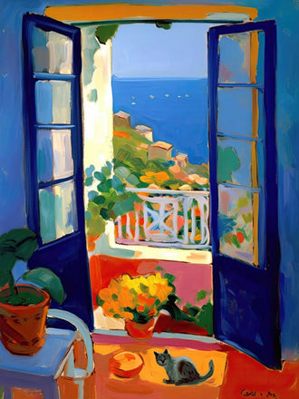 Coastal Window Cat Modern Wall Art – Open Blue Doors to Seaside View