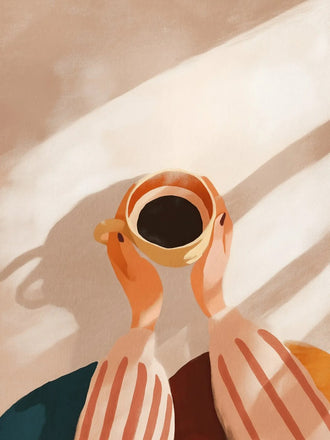 Coffee Cup Minimalist Wall Art – Hands Holding Coffee in Warm Sunlight