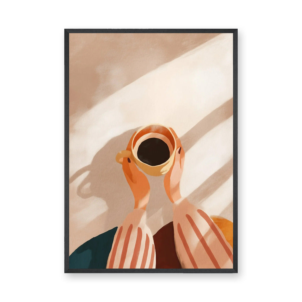 Coffee Cup Minimalist Wall Art – Hands Holding Coffee in Warm Sunlight
