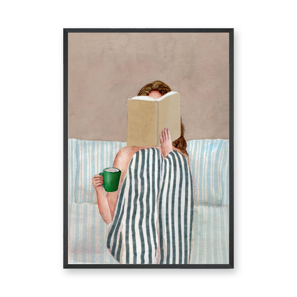 Cozy Reading Modern Wall Art – Woman With Green Mug on Striped Bedding