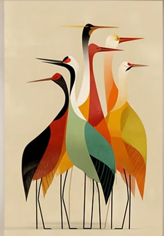 Crane Bird Mid Century Modern Wall Art – Geometric Herons on Beige
