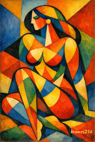 Cubist Seated Woman Modern Wall Art – Bold Geometric Portrait