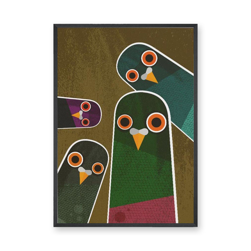 Curious Birds Retro Kids Wall Art – Stylized Owls on Brown
