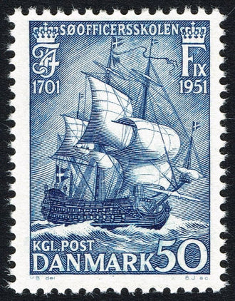 Danish Sailing Ship Stamp Vintage Wall Art – Blue Coastal Postage Print