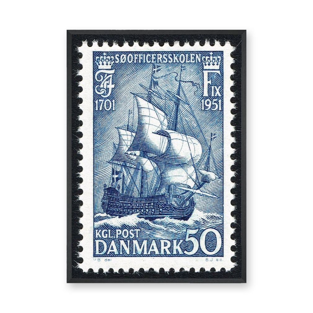 Danish Sailing Ship Stamp Vintage Wall Art – Blue Coastal Postage Print